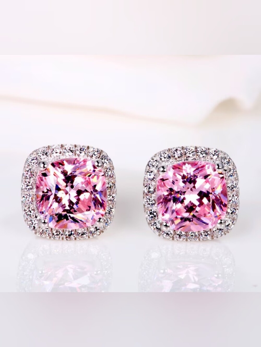 White Rhodium Pink Sapphire Cushion Cut Halo Stud Earrings